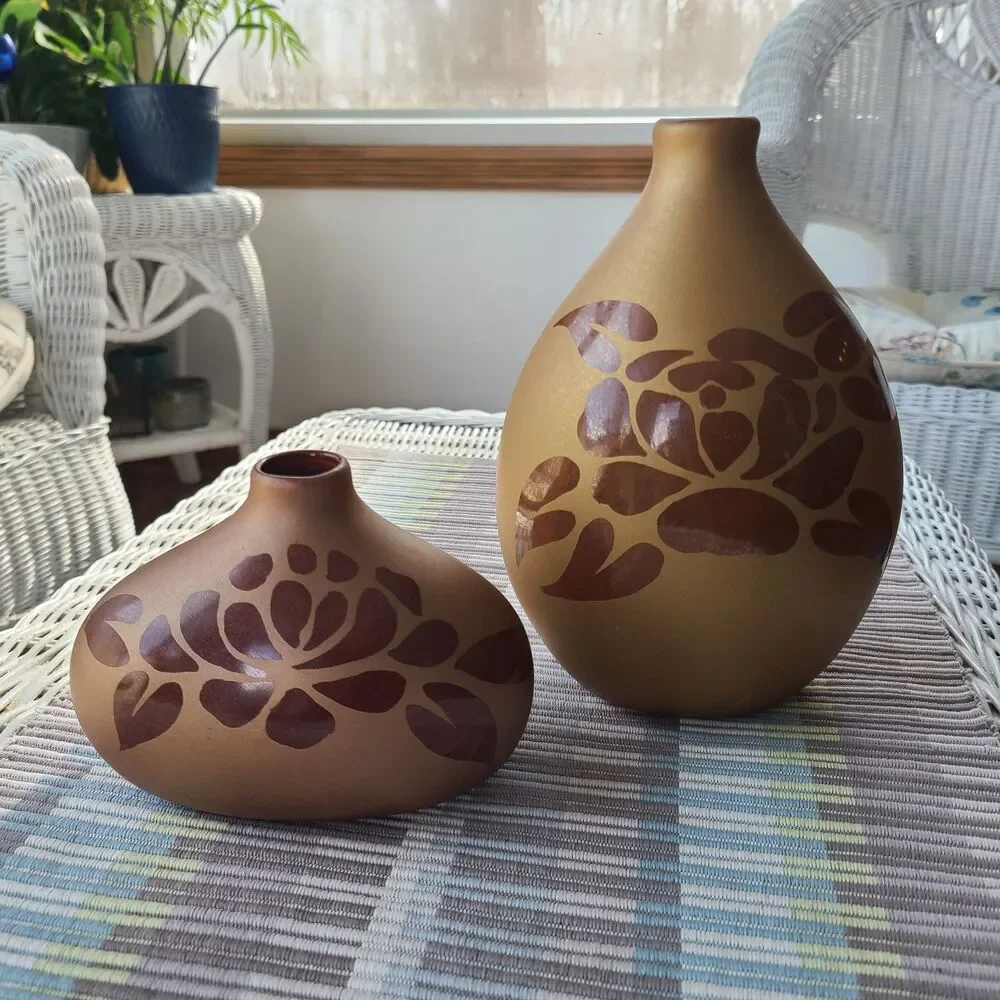 Vintage Matte Bronze On Bronze Slip Cast Pottery Vases With Rose & Leaves Design